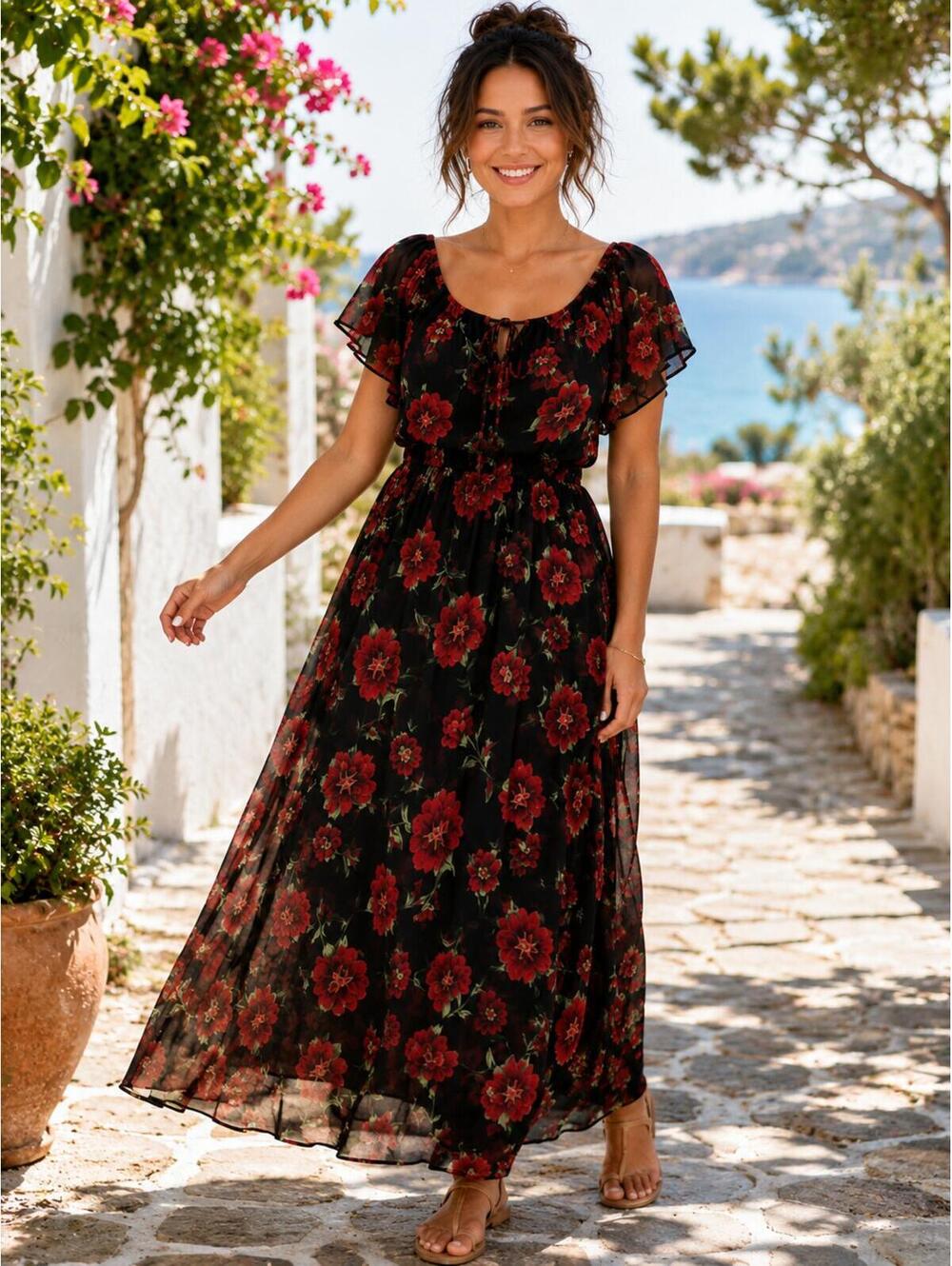 Forever 21 Floral Maxi Dress Small Black Red Cottagecore Romantic Boho Sheer